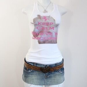 y2k unicorn keep calm graphic tank white ribbed nostalgia top size S